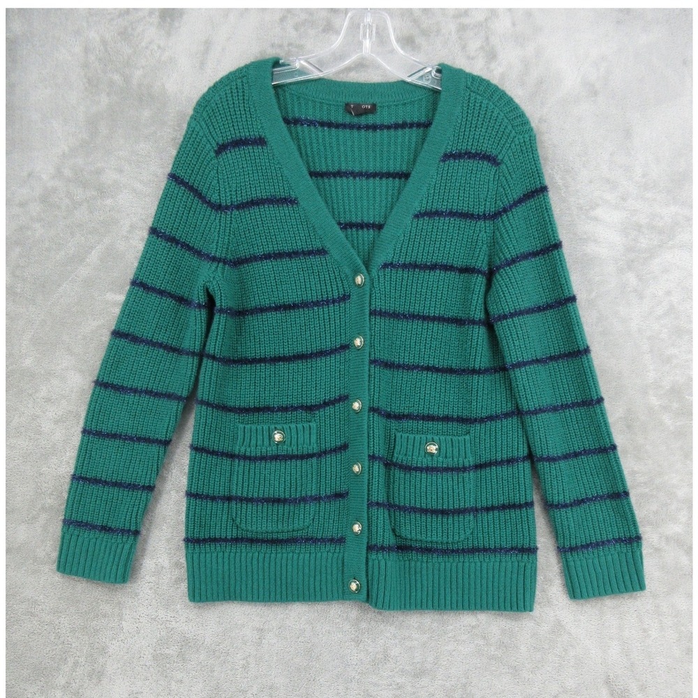 Talbots Sweater Womens Size M Petite Striped Metallic Knit Button Preppy Green